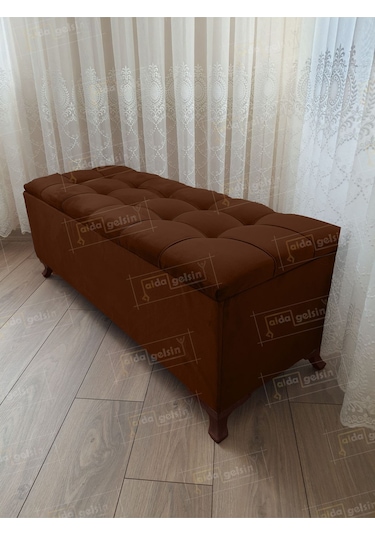 Lüks Çizgi Kapitoneli Sandıklı Puf Bench 120 Cm Cevizayak Kahve