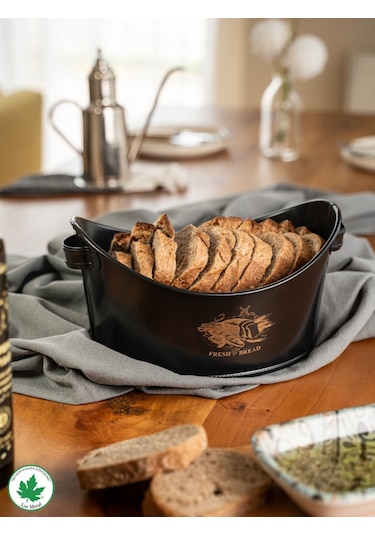 Metal Kayık Ekmeklik, Gondol Ekmeklik, Ekmek Sepeti, Sunumluk Fresh Bread Baskılı - Siyah