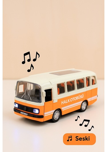 Nostaljik Halk Otobüsü 11 Cm Pilli Sesli Işıklı Kapısı Açılır Yumuşak Tekerlekli - Turuncu