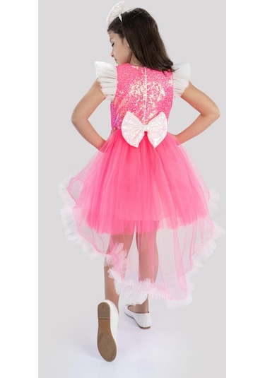 Pembe Barbie Ponpon Kuyruk Etekli Barbie Taçlı Kız Çocuk Doğum Günü Parti Elbisesi-Pembe