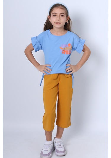 Kız Çocuk İkili Takım Sırt Baskılı Püsküllü Kolları Fıfırlı F20 Mavi