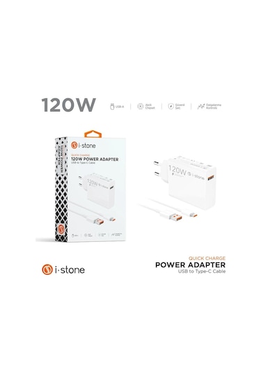 İ-stone 120w Turbo Şarj Adaptörü + Usb To Type-c Kablo ' Beyaz