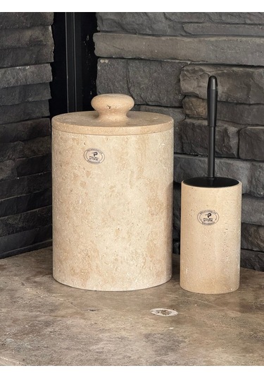 Yeni Traverten Doğaltaş Kendinden Kulplu 2 Li Banyo Takımı Büyük Çöp Kovalı 26x20 Beyaz