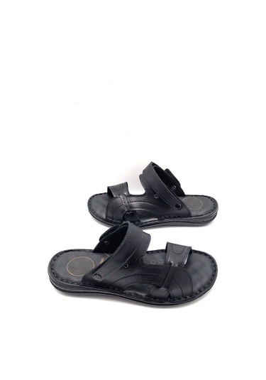 Deritarz Hakiki Deri Tam Ortopedik Masajlı Siyah Erkek Terlik Siyah
