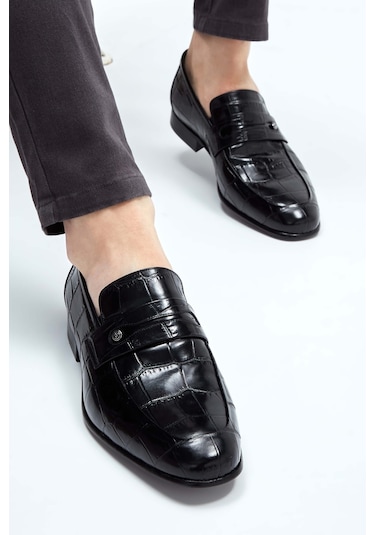 Tamer Tanca Erkek Hakiki Deri Siyah Kroko Makosen Ayakkabı 183 26201 Erk Ayk Y23 Sıyah Kroko Siyah