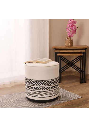Just Home Ethnic Puf - Beyaz / Siyah - 41x39x39 Cm Beyaz / Siyah