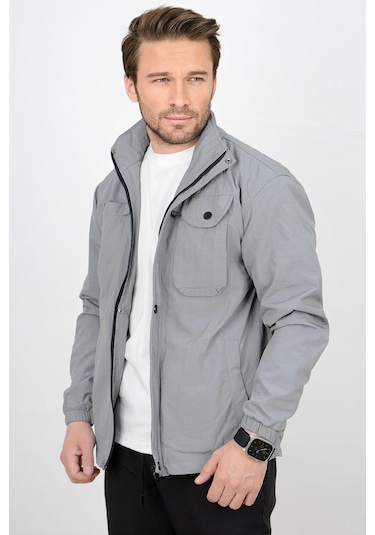Erkek Regular Krinkıl Kumaş Yağmurluk Mont Gri Edw082-gri Gri