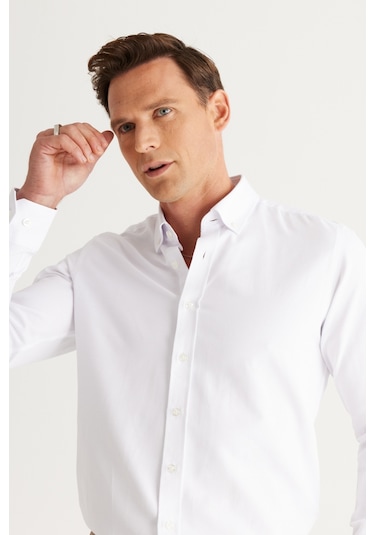 AC&Co / Altınyıldız Classics Erkek BEYAZ Slim Fit Dar Kesim Oxford Düğmeli Yaka Armürlü Pamuklu Gömlek Beyaz