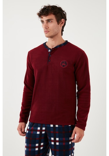 Buratti Regular Fit Bisiklet Yaka Kışlık Yumuşak Dokulu Polar Erkek Pijama Takımı 6096100 Bordo