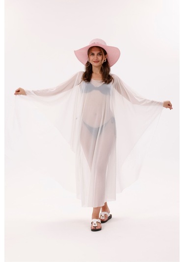 Tarzını Seç Kimono Pareo - Tesettür Pareo - Esnek Likralı Tül Beyaz 240x135 Cm Çok Renkli