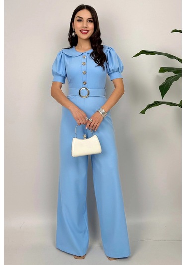 Firenze Kadın Mavi Düğmeli Kemer Detaylı Bol Paça Tulum Zarif Akşam Şıklığı Mavi
