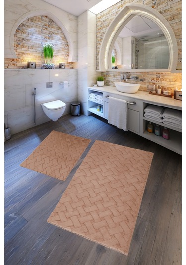 Desenli Tavşan Tüyü Yumuşak 2 Li Banyo Paspası Kaymaz Tabanlı Klozet Takımı Camel Camel