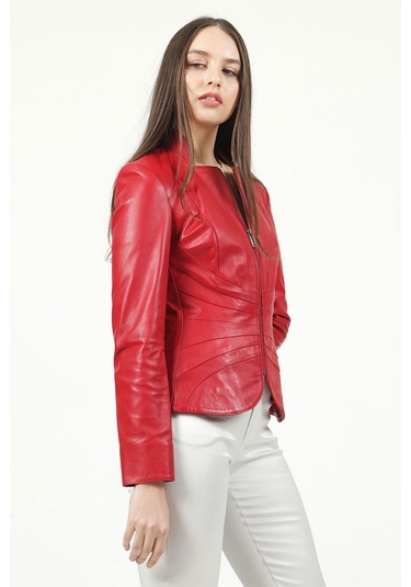 Dericlub Yb-2157 Gerçek Deri Kadın Mont Kırmızı