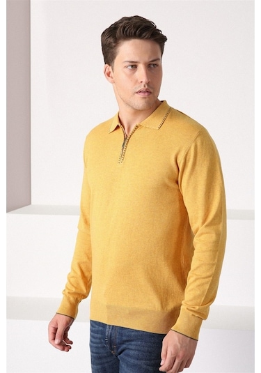 Ferraro K.Sarı Polo Yaka Fermuarlı Erkek Pamuk Kazak Sarı