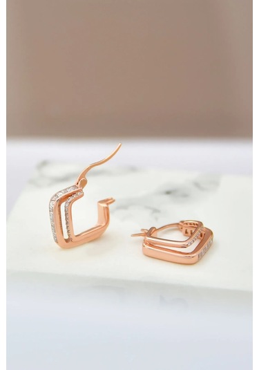 İstanbul Takı 925 Ayar Gümüş Rose Kaplama Çift Kare Halka Baget Taşlı Tamtur Küpe