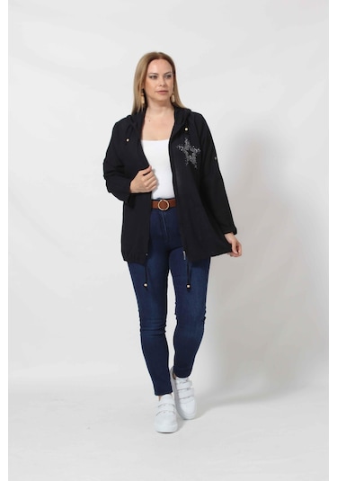 B1016s Siyah Yıldız Baskılı Kapüşonlu Fermuarlı Ceket 001