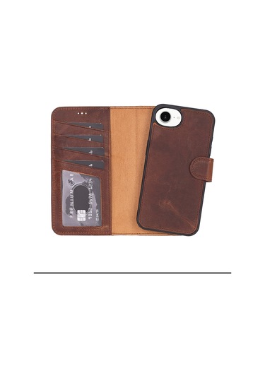 İphone 16e Uyumlu, Hakiki Deri, El Yapımı, Cüzdanlı Kılıf, Antik Kahve Kahverengi