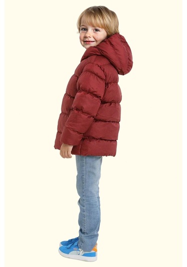 Erkek Çocuk Polarlı Kapüşonlu Su Geçirmez Rüzgara Dayanıklı Şişme Kışlık Mont Bordo