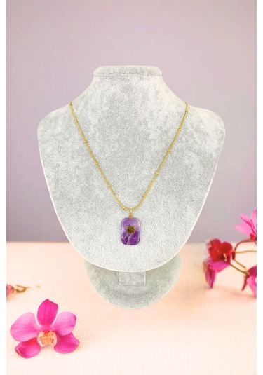 Gold Renkli Doğal Taş Topçuk Zincir Çelik Kolye Altın