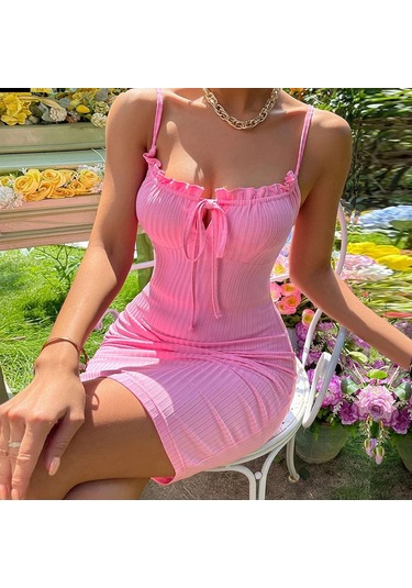 Hnxc Kadın Moda Yaz Bahar Düz Renk Baskı Kolsuz Kare Yaka Yüksek Bel Günlük Elbiseler Pembe