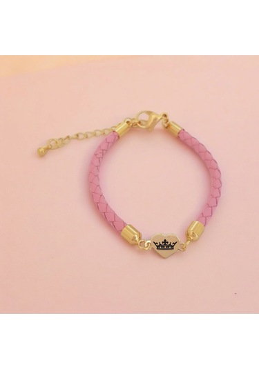 Archin Krallık Tacı Temalı 14 Ayar Altın Plakalı Pembe Derili Kalp Figürlü Hediye Bileklik-473sembol Krallık Tacı