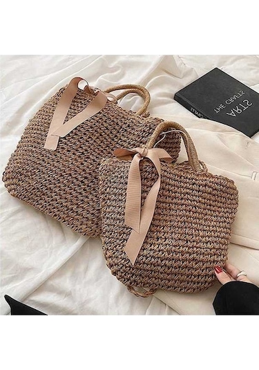 Novahub Kahve El Yapımı Hasır Çanta Kurdelalar 32cmx26cm Plaj Örgü Tote Çanta Omuz Çantası Kahverengi