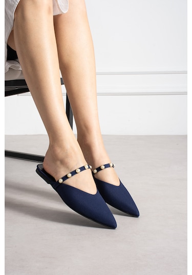 Lorenn Shoes Pearl Lacivert Mat Saten İnci Detaylı Kadın Terlik