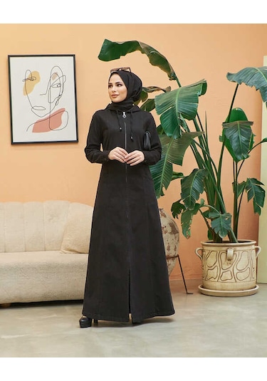 Neways 6463-denim Kapşonlu Ferace Siyah