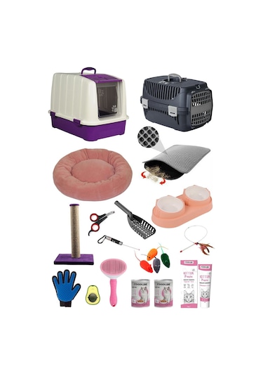 Pribor Kedi Başlangıç Seti Kapalı Tuvaletli Lüx 20 Parça Mor