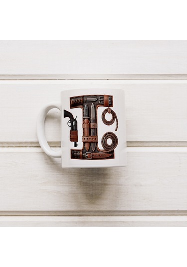 I Harfi Kovboy Temalı Bardak 330 Ml İsim / Harf Kişiye Özel Hediye - Vahşi Batı Konsept Beyaz