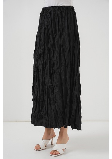 Kadın Uzun Kırışık Etek 8042 - Siyah Siyah