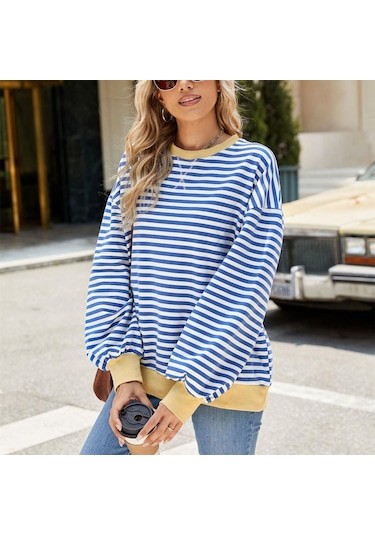 Hnxc Kadın Modası Rahat Çizgili Baskılı Uzun Kollu O-boyun Kapşonlular Ve Sweatshirtler Pembe&gri Pembe - Gri