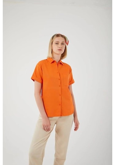 Mixray 3950 Kadın Oxford Kısa Kollu Basic Gömlek Oranj