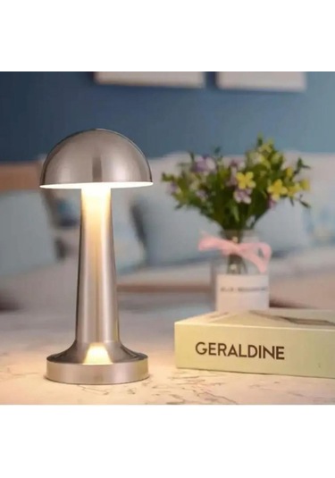 Ollevra Mantar Model Silver Renk Şarjlı Dokunmatik 3 Renkli Led Masa Lambası Gri