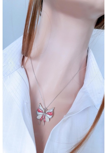 Kelebek Etkisi Kolye Pembe Mine, Rodyum Kaplama, 925 Ayar Gümüş Gümüş - Rodyum