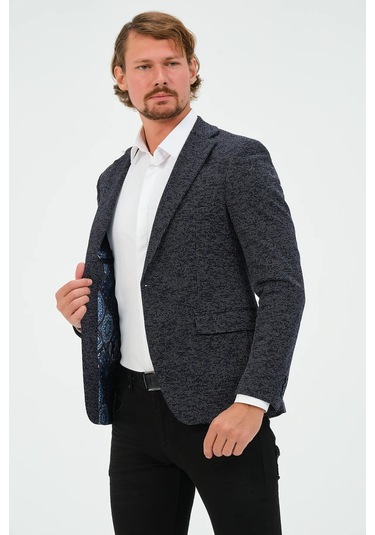 Bonesti Erkek Slim Fit Blazer Ceket Lacivert Desenli