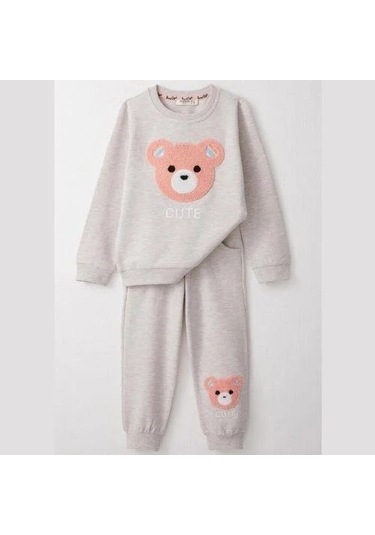 Kız Çocuk Ayıcık Nakışlı Pamuklu Eşofman Takım-14585 Gri
