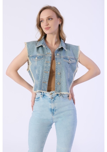 Taşlı Sıfır Kol Püsküllü Denim Ceket-a.mavi Açık Mavi