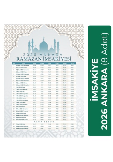 2026 İmsakiye Ankara 8 Adet A4 Boyut