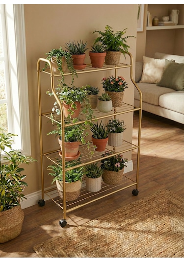 Modern Gold 4 Katlı Tekerlekli Metal Çiçeklik Standı: Çok Amaçlı Mutfak,kitaplık&dekoratif Lüks Stand