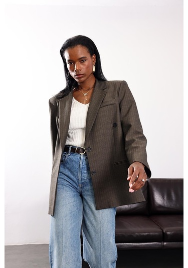 Koyu Haki Düğmeli Oversize Ceket 17255 Koyu Haki