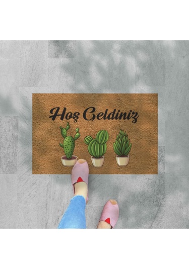 Renkli Kaktüsler Temalı Coco Görünümlü Dekoratif Kapı Önü Ve Iç Mekan Paspası Yıkanabilir Nem Alıcı Düz