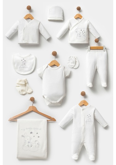 Sevimli Buluttaki Tavşan Desenli 10 Parça Kutulu Yenidoğan Hastane Çıkışı Zıbın Seti Ekru