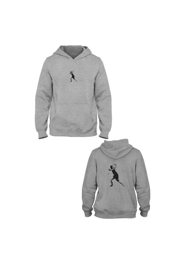 Tenisçi Ön Arka Baskılı Kapşonlu Sweatshirt Bll2120 Gri