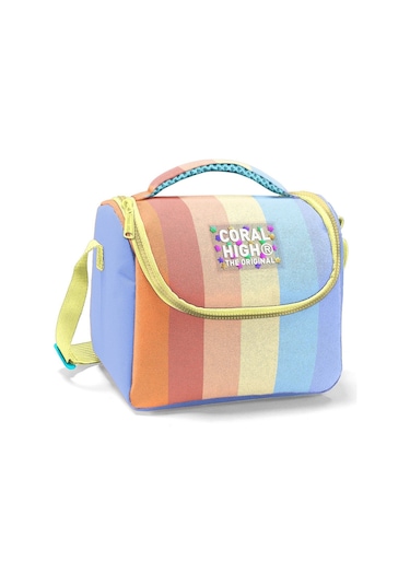 Coral High İlkokul Kız Çocuk Okul Beslenme Çantası, Turuncu Sarı Mavi Renkli Çizgili, Termoslu Isı Yalıtımlı Turuncu - Sarı - Mavi