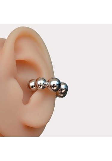 Bombeli Topçuklu Earcuff Kıkırdak Küpe Büyük Boy Silver Renkli