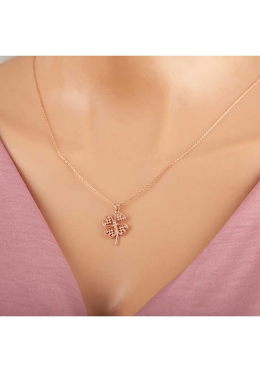 925 Ayar Gümüş Rose Kalpli Dört Yapraklı Yonca Kadın Kolye Gümüş