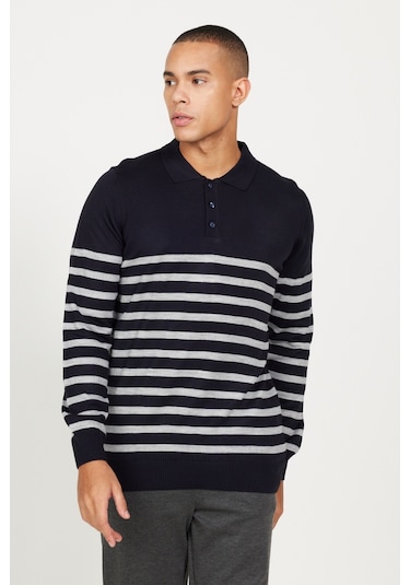 AC&Co / Altınyıldız Classics Erkek Lacı Grı Standart Fit Normal Kesim Polo Yaka Çizgili Triko Kazak Lacivert - Gri