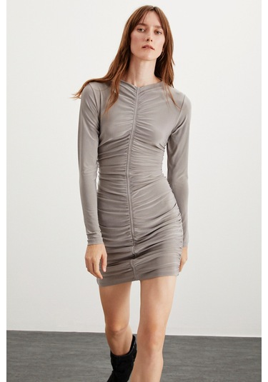 Katrına Kadın Esnek Sandy Kumaşlı Tamamen Drape Görünümlü Vücüdu Saran Uzun Kollu Midi Gri Elbise
