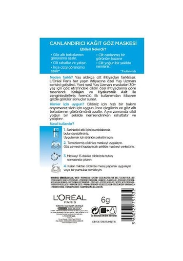 L'Oreal Paris Yaş Uzmanı Canlandırıcı Kağıt Göz Maskesi 30+